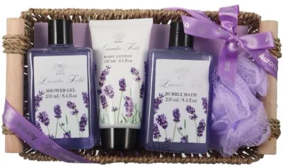 Набор для тела Aurora Lavender Fields гель для душа средство для ванны лосьон мочалка и корзинка с лавандой 250+250+120 мл