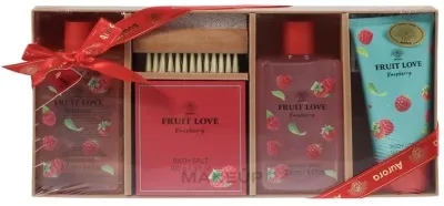Набор Aurora Fruit Love пена для ванны 250 мл гель для душа 250 мл лосьон 120 мл соль для ванны 100 г и аксессуар малина