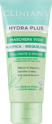 Clinians Hydra Plus — очищающая маска для лица с зелёной глиной, коллагеном и ромашкой, 75 мл