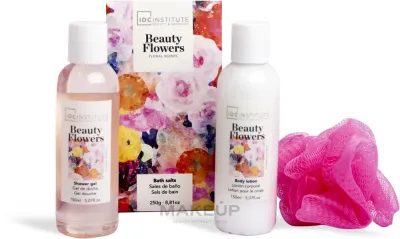 Набор IDC Institute Beauty Flowers гель для душа 100 мл лосьон для тела 100 мл соль для ванны 50 г и губка в декоративной лейке