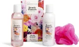 Набор IDC Institute Beauty Flowers гель для душа 100 мл лосьон для тела 100 мл соль для ванны 50 г и губка в декоративной лейке — фото 1