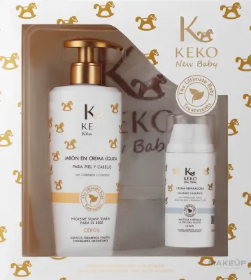 Детский набор Keko New Baby полотенце кремовое мыло для кожи и волос и бальзам с оксидом цинка 500+100 мл уценка