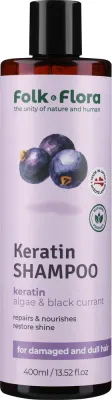 Шампунь Folk&Flora Keratin для повреждённых и тусклых волос, с кератином, алоэ и центеллой азиатской, 400 мл, Латвия