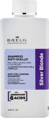 Шампунь Brelil Silver Blonde против жёлтого оттенка, для блонда и седых волос, с черникой и инжиром, 250 мл, Италия
