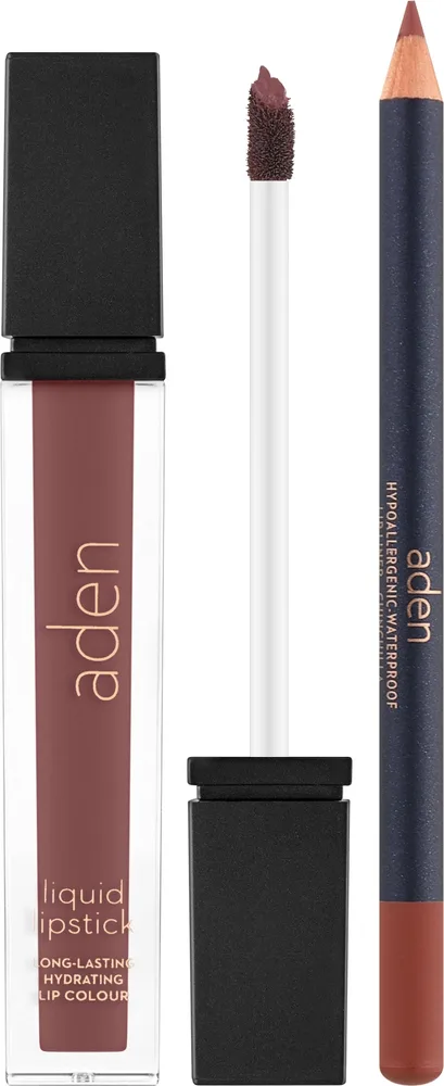Набор для губ Aden Cosmetics жидкая помада и карандаш оттенок Mauve с витамином E 7 мл+1.14 г