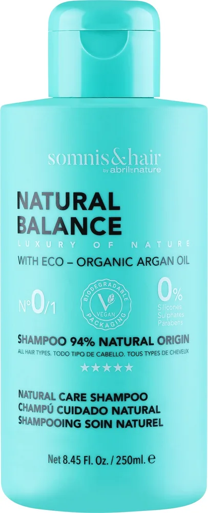 Шампунь Somnis & Hair 94% Natural Origin, с маслом арганы, кокоса и протеинами пшеницы, сои и овса, 250 мл, Испания