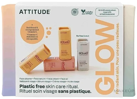 Дорожный набор для лица Attitude Oceanly Phyto-Glow стик-очищение сыворотка с витамином C крем и масло с водорослями 4x8.5 г