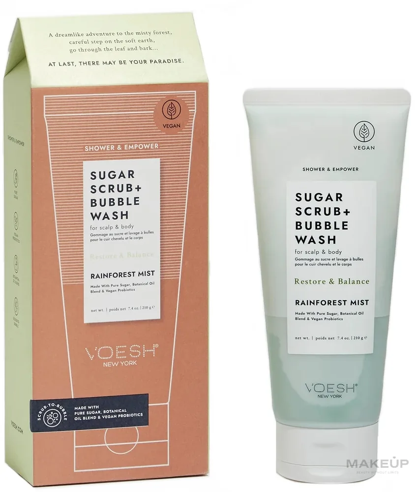 Voesh Voesh Sugar Scrub+Bubble Wash Rainforest Mist * - Сахарный скраб для кожи головы и тела Rainforest Mist 210 г