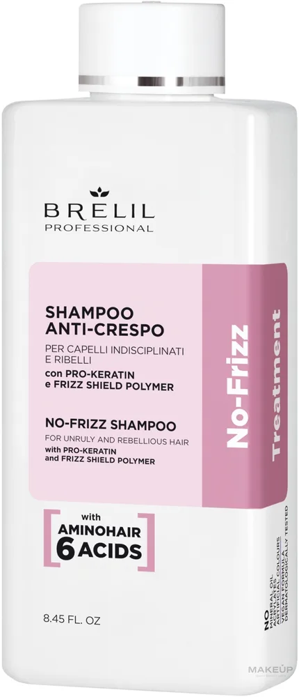 Шампунь Brelil No-Frizz разглаживающий для непослушных волос, с аминокислотами и протеином риса, 1000 мл, Италия