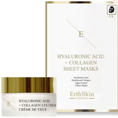 Набор для лица ErthSkin London Hyaluronic Acid + Collagen крем для век и маски с гиалуроном и алоэ 30 мл+3 шт