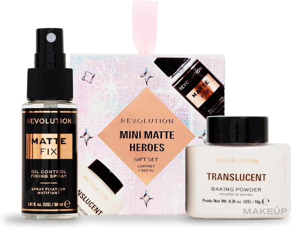 Набор для лица Makeup Revolution Mini Matte Heroes Gift Set фиксирующий спрей и пудра, матовое покрытие, 30 мл + 10 г