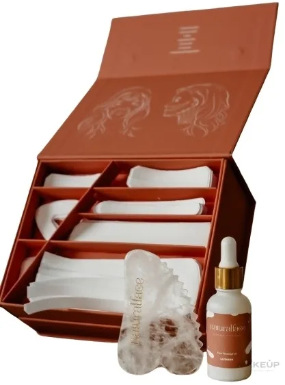 Набор для лица NaturalFace White Box гуаша-массажер масло с лавандой тейпы и план массажа 30 мл+48 шт