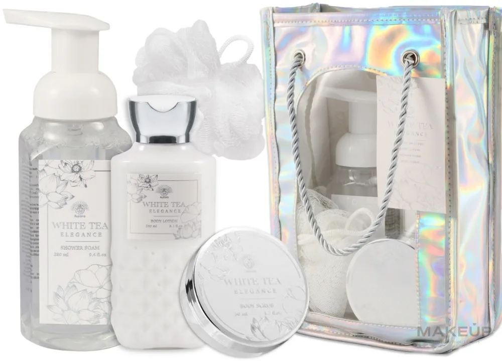 Набор Aurora White Tea Elegance пена для ванны 270 мл лосьон для тела 240 мл скраб 50 мл и мочалка