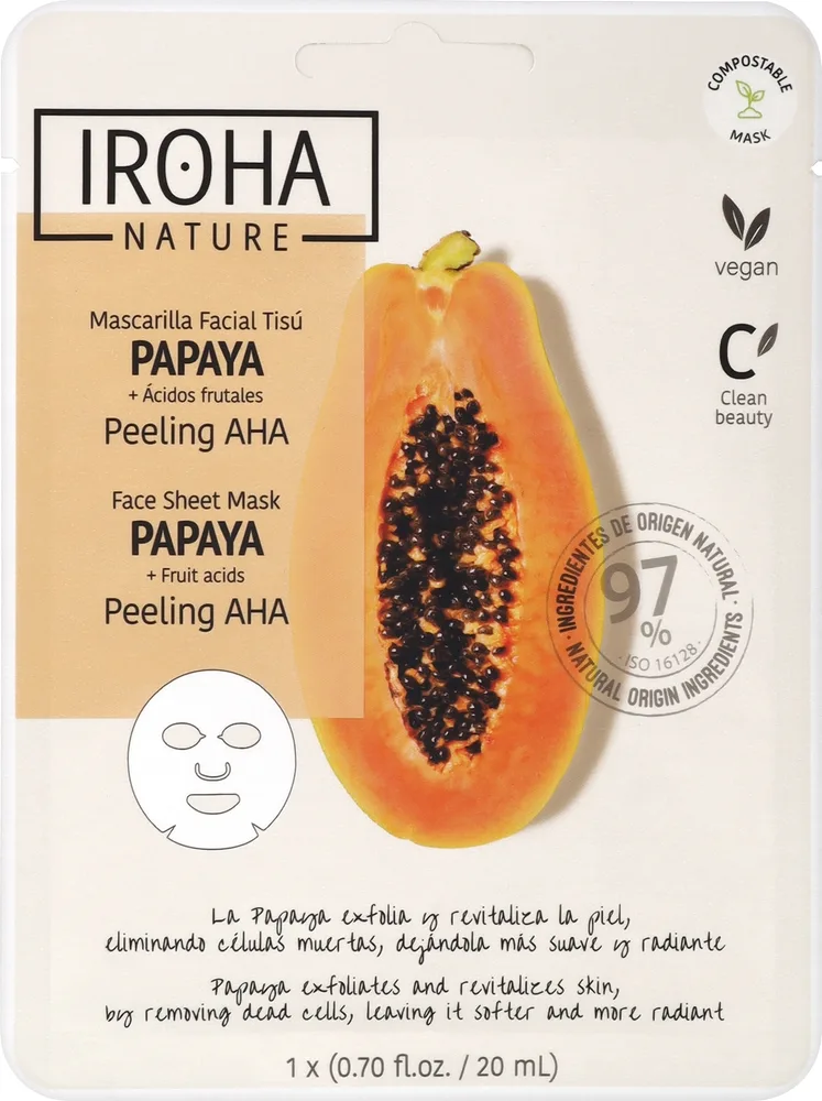 Отшелушивающая тканевая маска для лица с папайей и AHA Iroha Nature Papaya Peeling Face Sheet Mask
