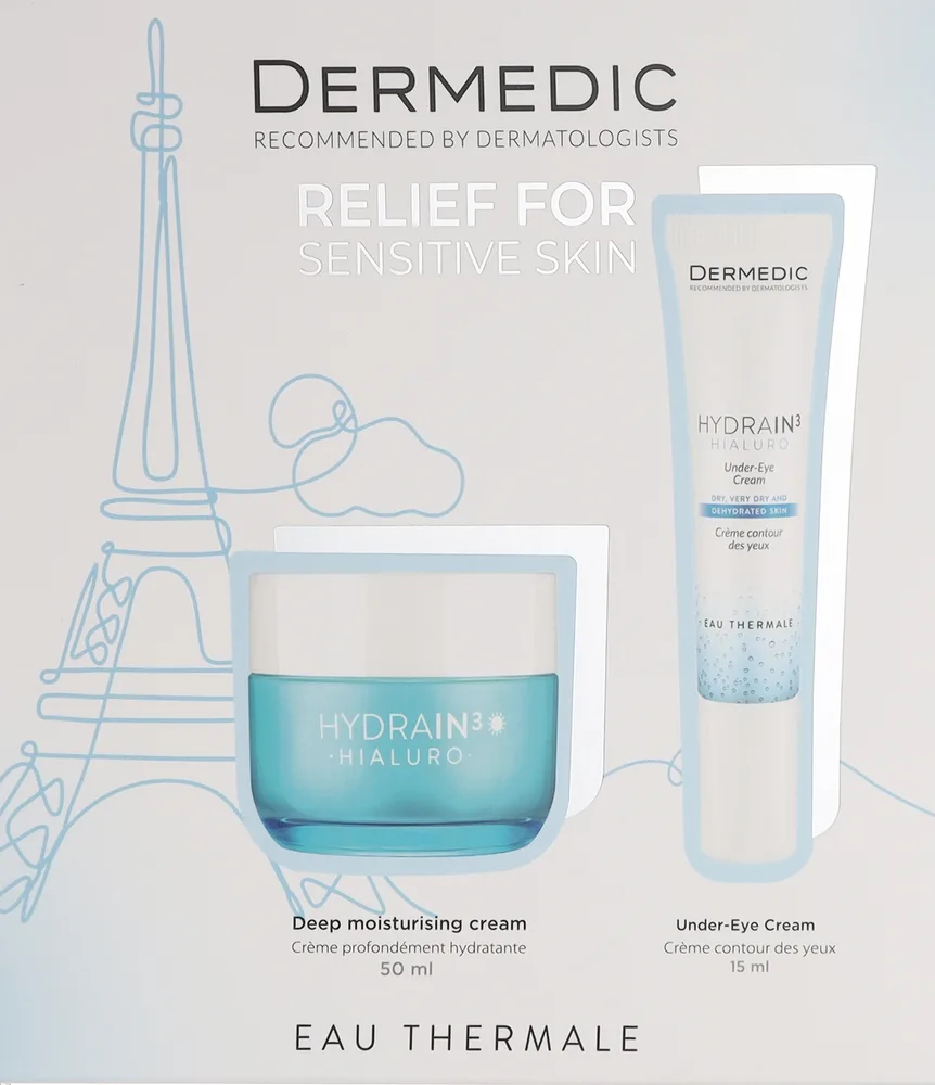 Набор для лица Dermedic Hydrain 3 Hialuro дневной крем с UV-фильтром и крем для век с гиалуроном 50+15 мл