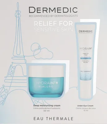 Набор для лица Dermedic Hydrain 3 Hialuro дневной крем с UV-фильтром и крем для век с гиалуроном 50+15 мл