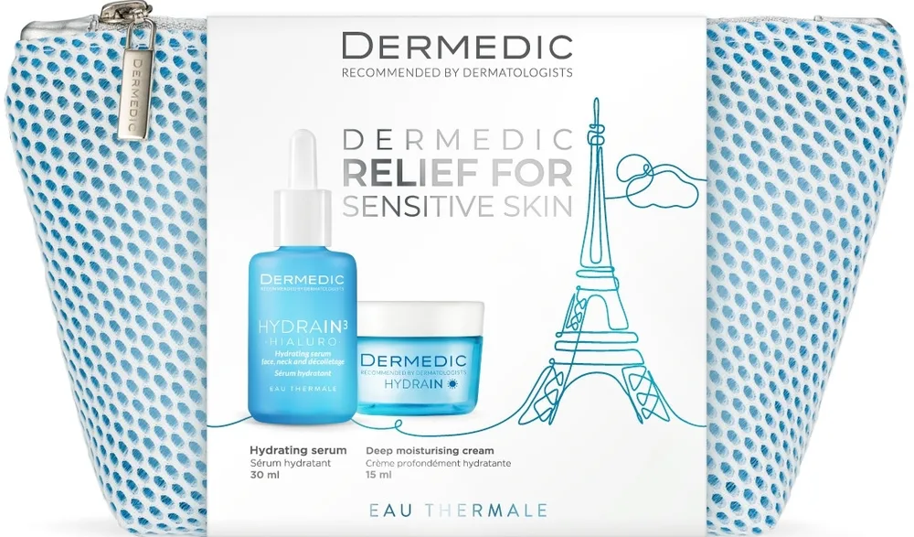 Набор для лица Dermedic Hydrain 3 сыворотка с гиалуроном и миндалем и крем с косметичкой 30+15 мл