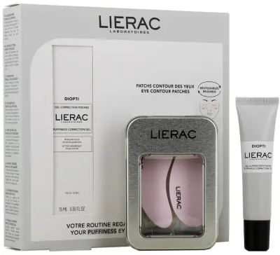 Набор для век Lierac Diopti гель против отечности и многоразовые патчи для глаз 15 мл+2 шт