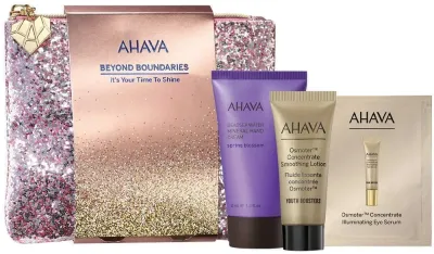 Набор Ahava Holiday It's Your Time To Shine лосьон для лица 15 мл сыворотка для глаз 2 мл крем для рук 40 мл и косметичка