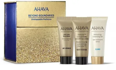 Набор Ahava Holiday Unstoppable Radiance грязевая маска с золотом 15 мл лосьон для лица 15 мл и гель для умывания 15 мл