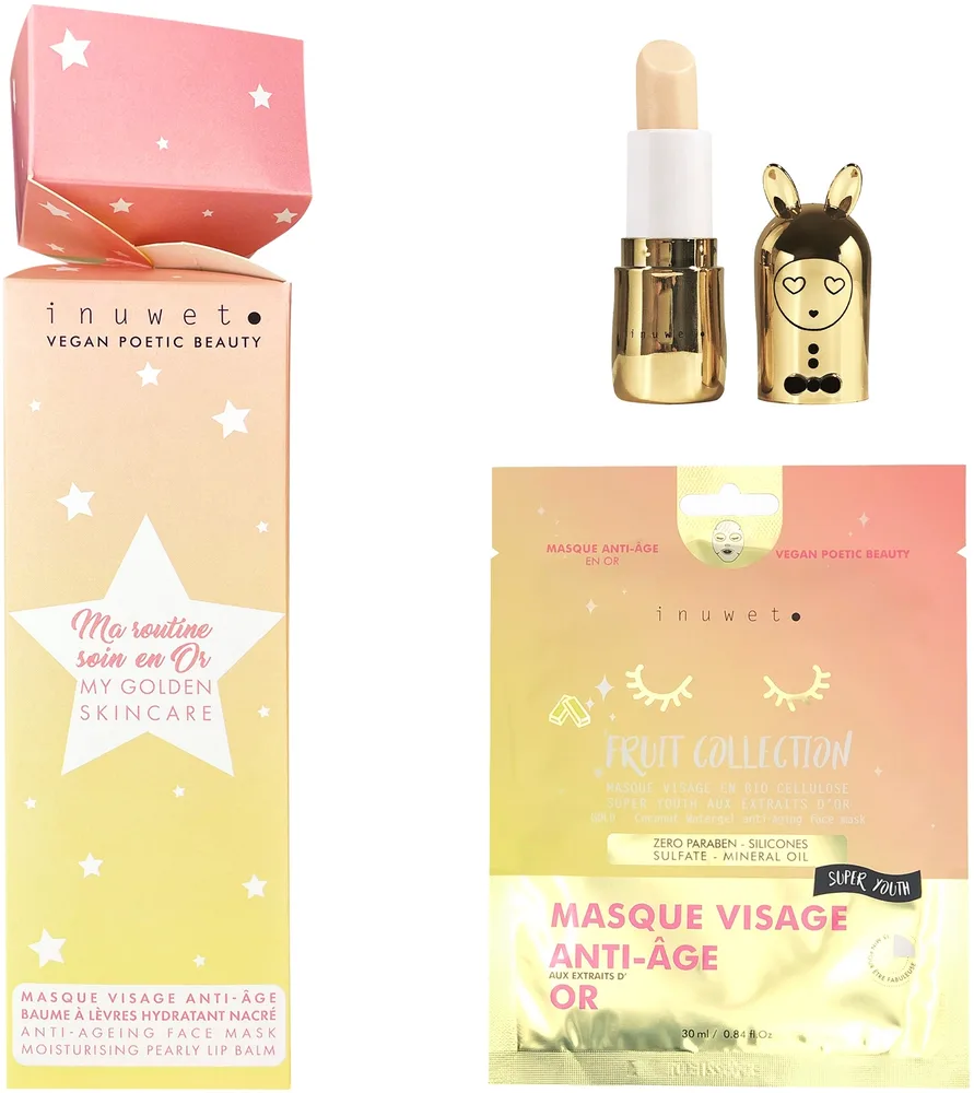 Набор Inuwet My Golden Skincare веганский бальзам для губ 3.5 г и маска для лица с золотом 30 мл