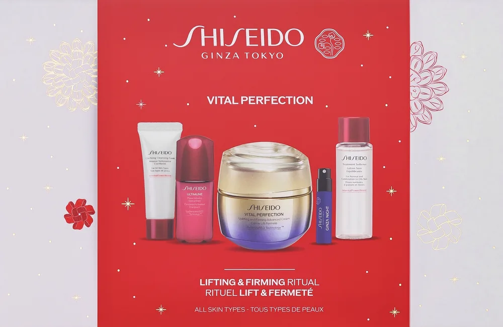 Женский набор Shiseido Vital Perfection & Ginza Night крем 50 мл концентрат 10 мл пенка 15 мл лосьон и пробник 0.6 мл
