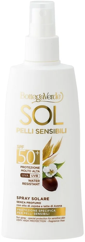 Спрей для тела Bottega Verde Sol Sensitive SPF50+ солнцезащитный без отдушки для чувствительной кожи 200 мл