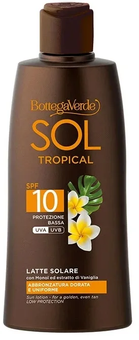 Солнцезащитный лосьон Bottega Verde Sol Tropical SPF10 с монои и ванилью, для золотистого загара, 200 мл