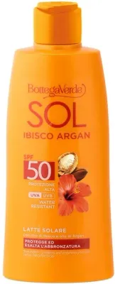 Водостойкий солнцезащитный лосьон Bottega Verde Sol Hibiscus & Argan SPF50 с маслом гибискуса и арганы, 200 мл