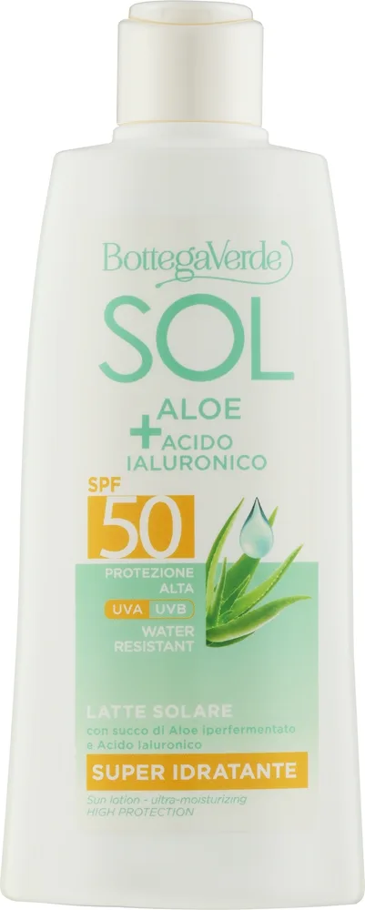 Солнцезащитный лосьон для всей семьи Bottega Verde Sol Aloe + Hyaluronic Acid SPF50 с гиалуроновой кислотой, 200 мл