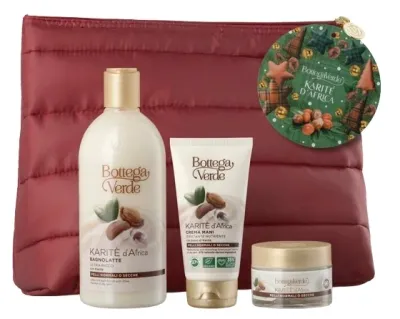 Набор Bottega Verde Karite D'Africa лосьон для ванны 400 мл крем для рук 75 мл крем для лица 50 мл и косметичка