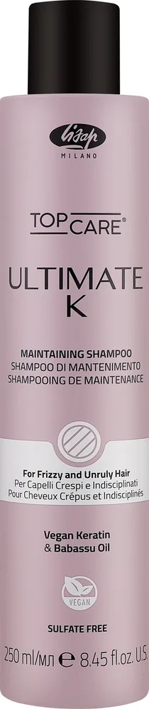 Шампунь Lisap Ultimate K дисциплинирующий, без сульфатов, для поддержания эффекта кератинового выпрямления, 250 мл, Италия