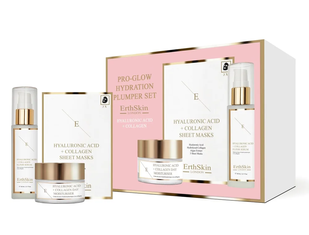 Набор для лица ErthSkin London Pro-Glow сыворотка с коллагеном крем с UV-фильтром и маски 60+50 мл+3 шт
