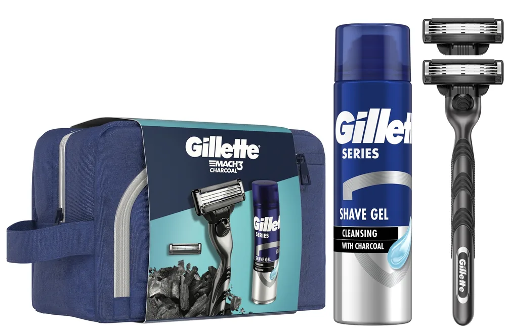 Мужской набор Gillette Mach3 Charcoal гель для бритья с углем и бритва и косметичка 200 мл