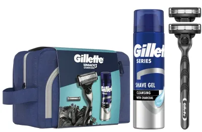 Мужской набор Gillette Mach3 Charcoal гель для бритья с углем и бритва и косметичка 200 мл