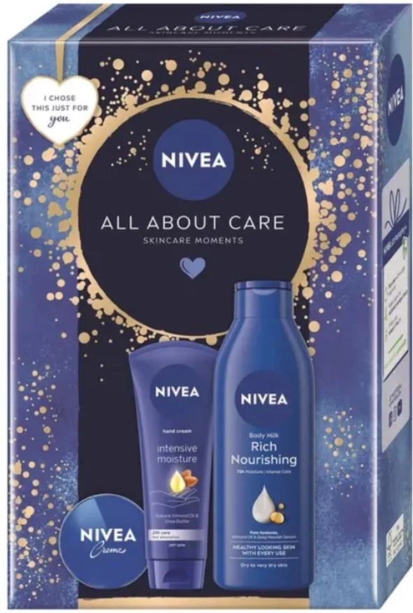 Набор NIVEA All About Care питательное молочко для тела 250 мл крем для рук 100 мл и универсальный крем 30 мл