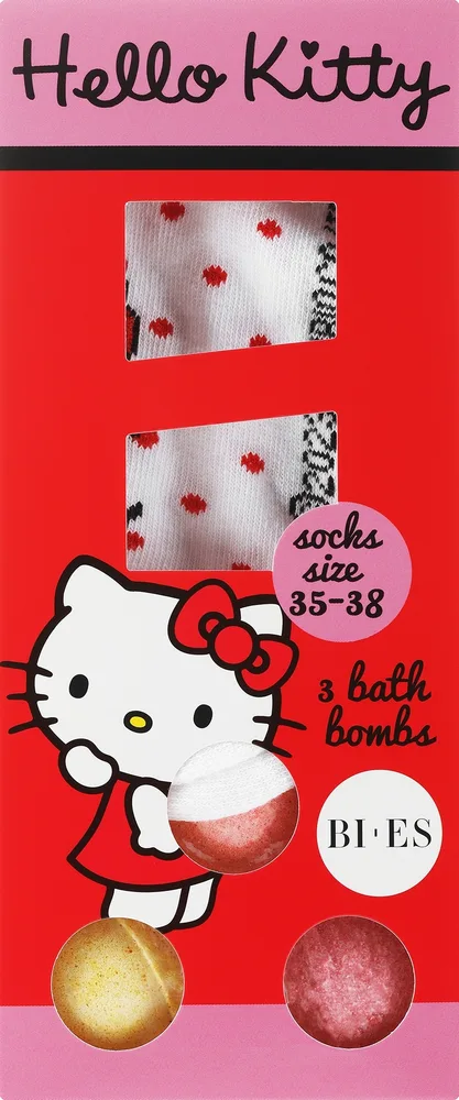 Детский набор Hello Kitty три бомбочки для ванны с маслом винограда и авокадо и носочки 3x50 г