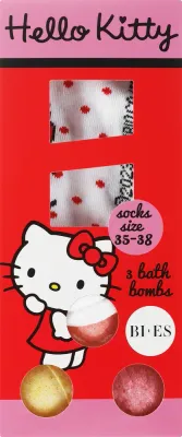 Детский набор Hello Kitty три бомбочки для ванны с маслом винограда и авокадо и носочки 3x50 г