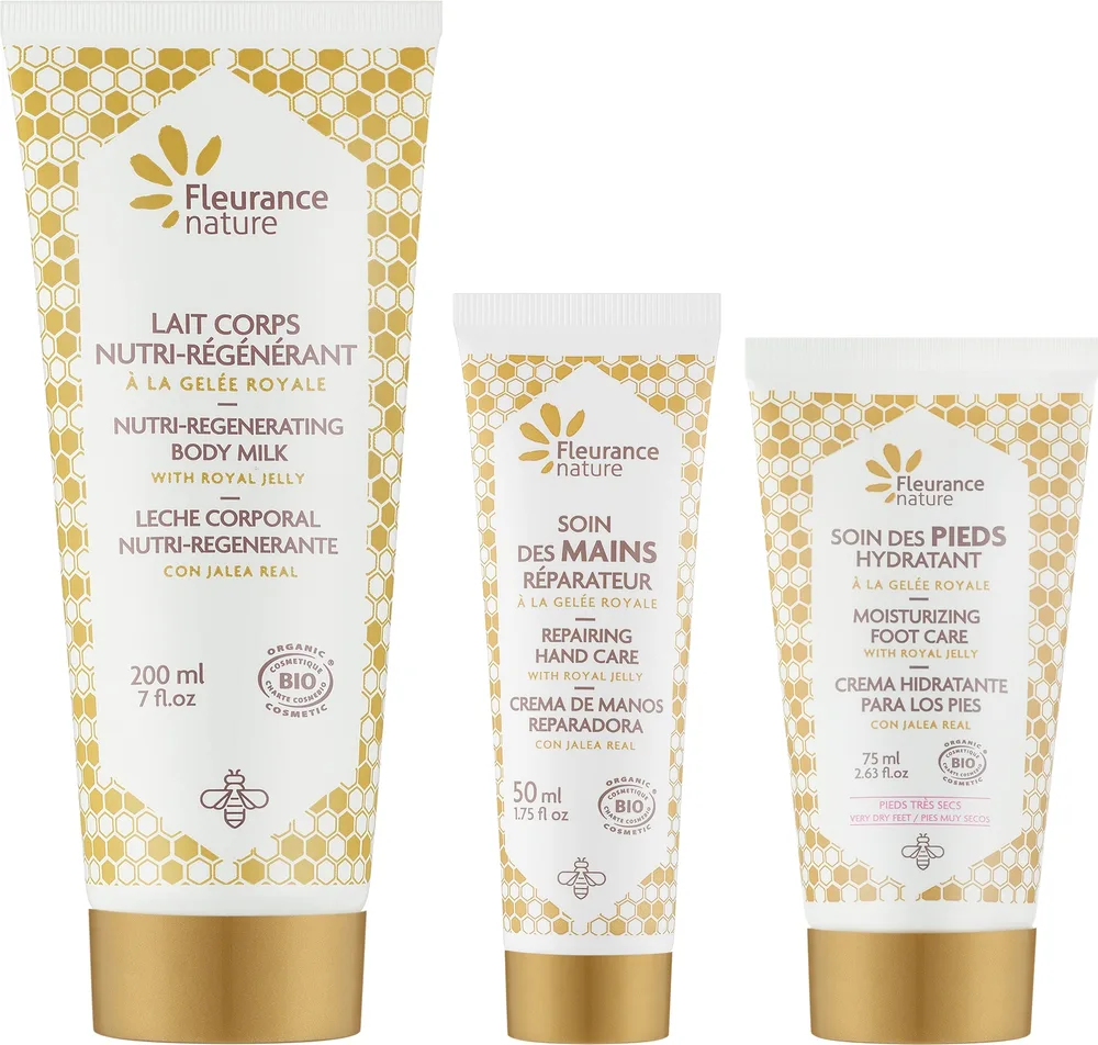 Набор для тела Fleurance Nature Gelee Royale молочко крем для рук и крем для лица с маточным молочком и маслом ши 200+50+75 мл