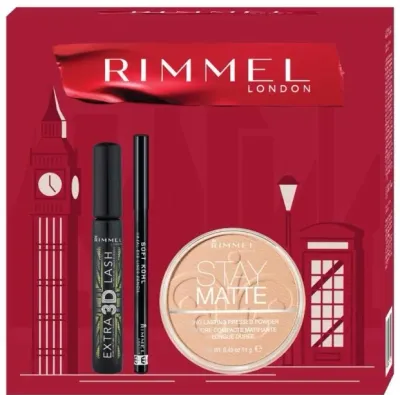 Набор для макияжа Rimmel: тушь 3D Extra Lash 8 мл, карандаш Soft Kohl Kajal 1,2 г, пудра Stay Matte 14 г