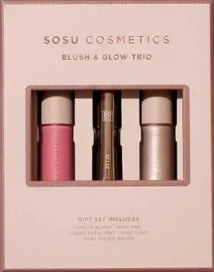 Набор для макияжа лица Sosu By SJ Blush and Glow Trio жидкие румяна, хайлайтер и двусторонняя кисть