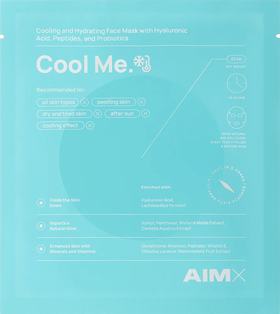 Охлаждающая тканевая маска AIMX Cool Me с гиалуроновой кислотой, пептидами и пробиотиками, 25 мл