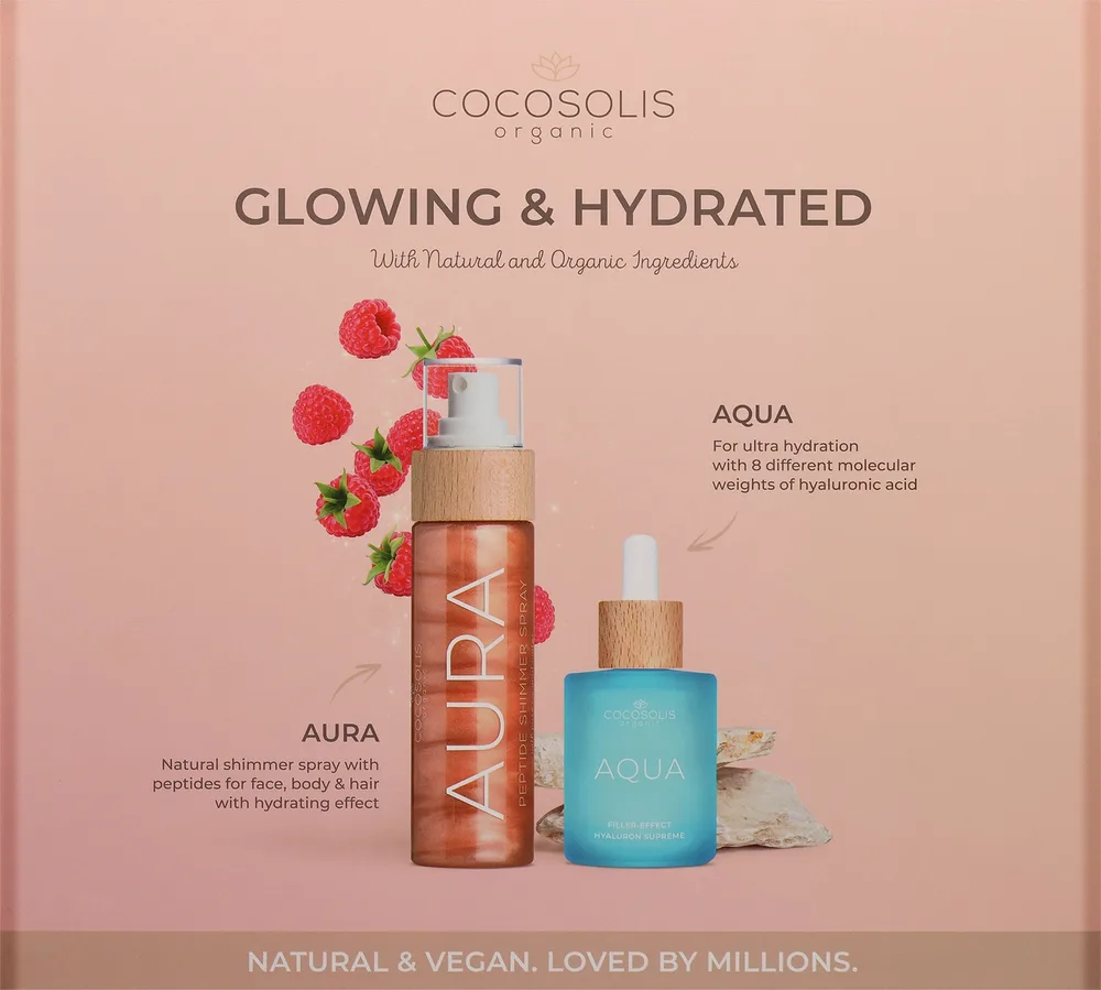 Набор Cocosolis Glowing & Hydrated мерцающий спрей и сыворотка с пептидами кокосовой водой и гиалуроном 100+50 мл