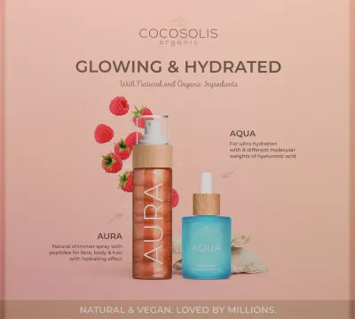 Набор Cocosolis Glowing & Hydrated мерцающий спрей и сыворотка с пептидами кокосовой водой и гиалуроном 100+50 мл