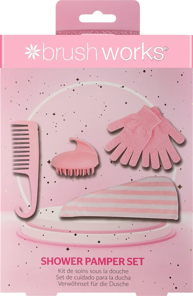 Набор Brushworks Shower Pamper перчатки для тела расческа для душа массажер для кожи головы и шапочка для душа