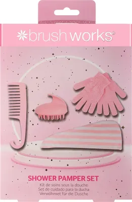 Набор Brushworks Shower Pamper перчатки для тела расческа для душа массажер для кожи головы и шапочка для душа