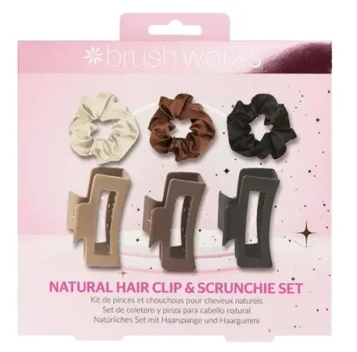 Набор Brushworks Natural Hair Clip & Scrunchie атласные резинки 3 шт и крабы для волос 3 шт