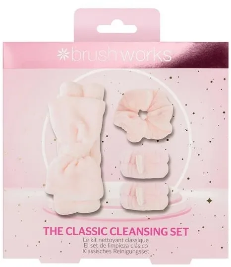Набор Brushworks The Classic Cleansing розовая повязка напульсники из микрофибры 2 шт и резинка для волос