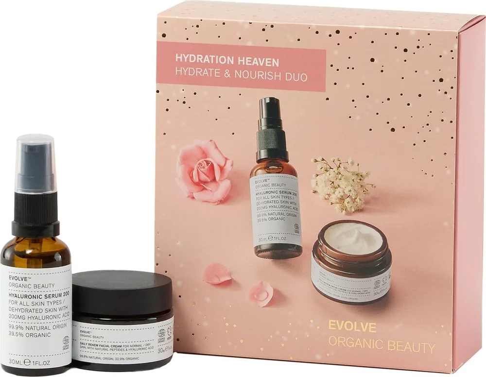 Набор для лица Evolve Organic Beauty сыворотка с гиалуроном и крем с алоэ и розовой водой 30+30 мл