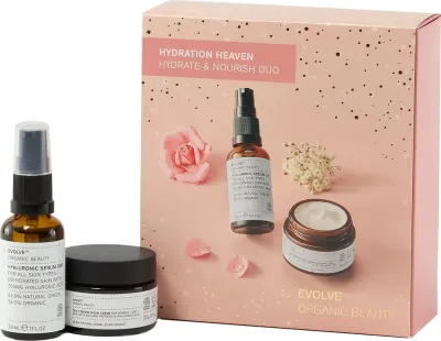 Набор для лица Evolve Organic Beauty сыворотка с гиалуроном и крем с алоэ и розовой водой 30+30 мл